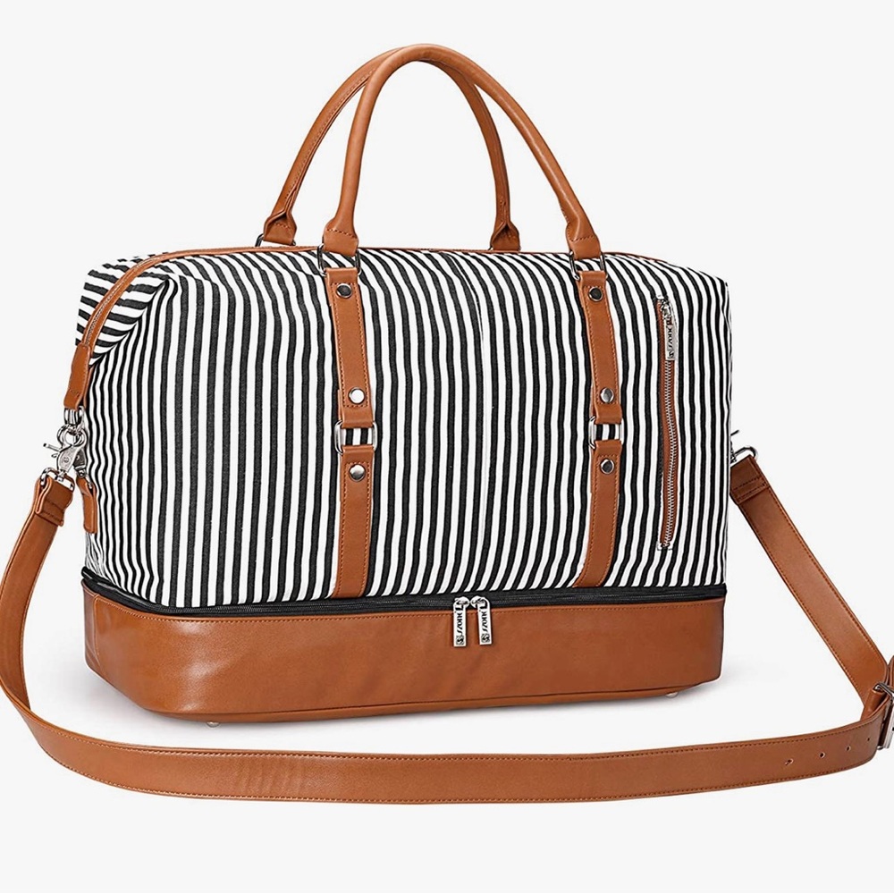 Elegant Black and White Travel Bag with Leather Accents